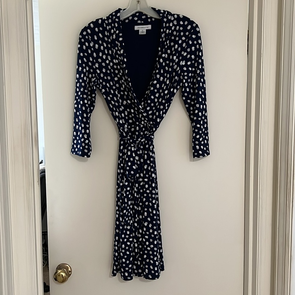 LIZ CLAIBORNE NAVY & POLKA DOT WRAP LINED STRETCH DRESS 3/4 SLEEVE SIZE S